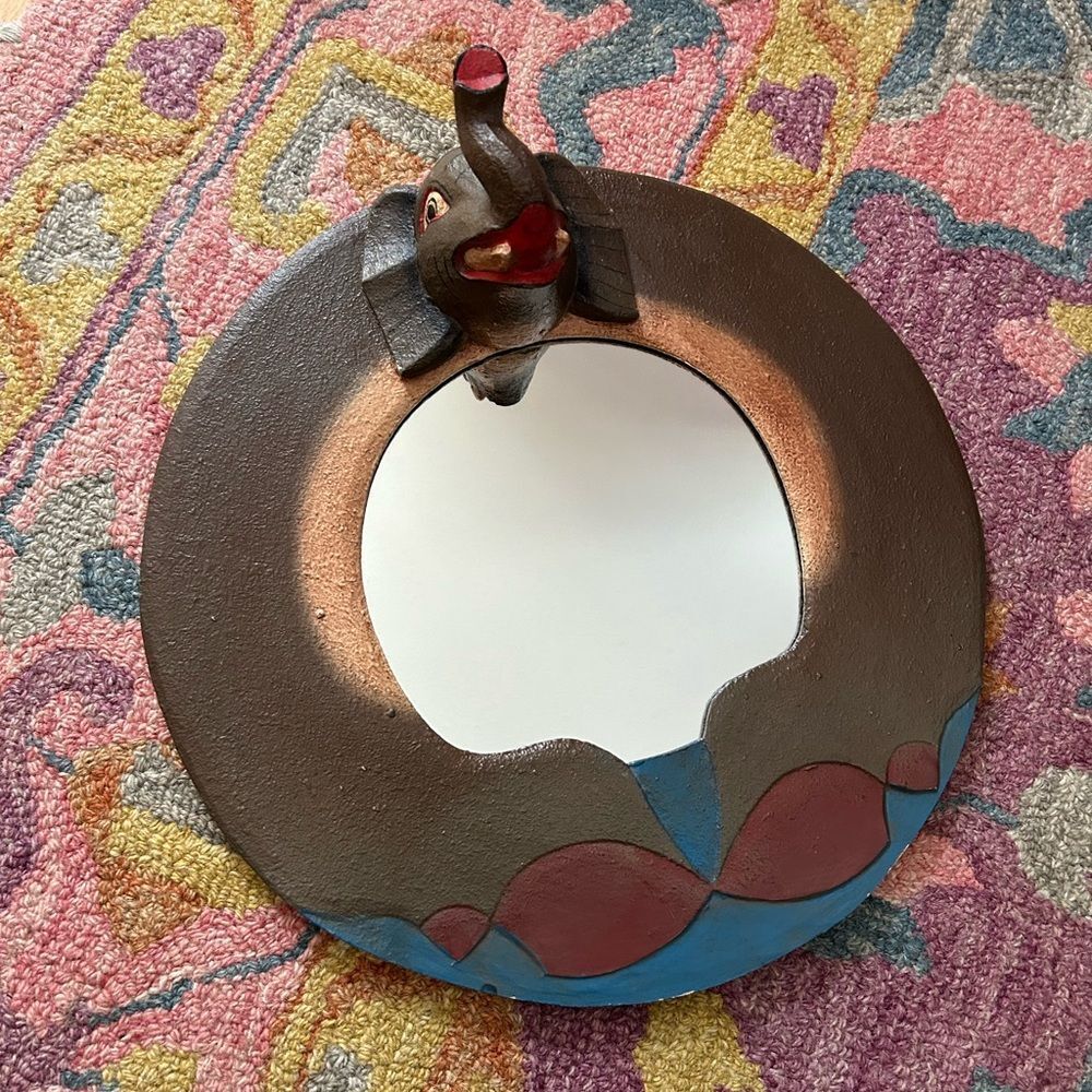 Vintage 15" Elephant Brown and Blue Mirror Made in Indonesia